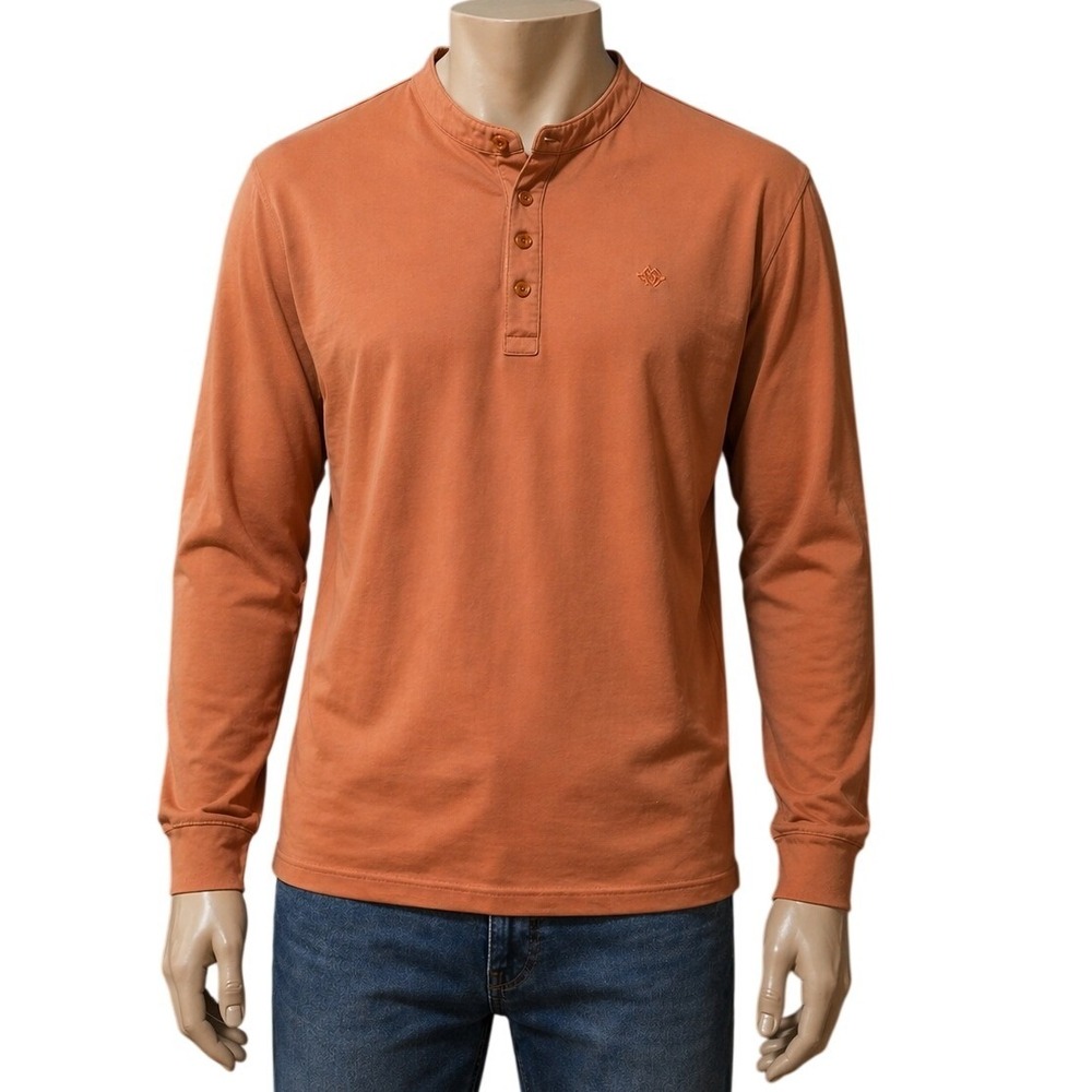 Mofiz X Mens Long Sleeve Henley Shirt Band Collar Burnt Light Brown Pique - Read